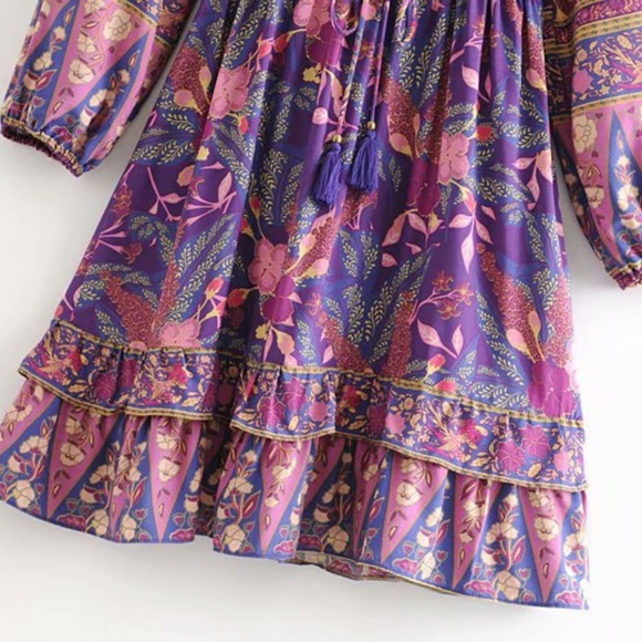 Bohemian Gypsy Purple Floral Print Mini Ruffle dress - Picture 16 of 16